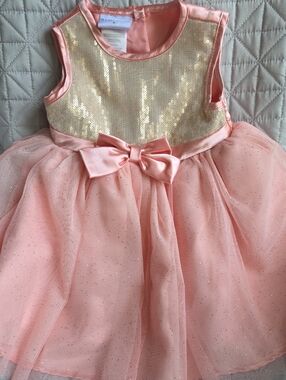 Girls Peach Glitter Sequin Bodice Tulle Dress with Satin Bow